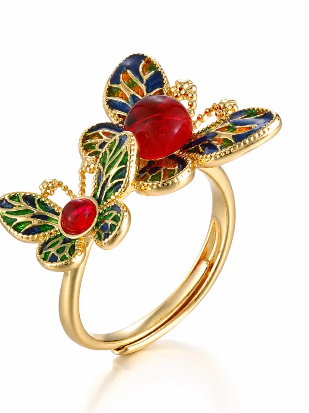 Gold Butterfly Ring with Red and Green Enamel Accents